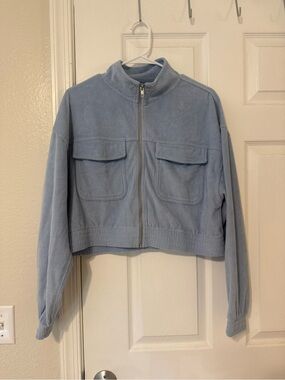 aerie GROOVE JACKET -Light Blue velour ribbed Cropped Zip Jacket